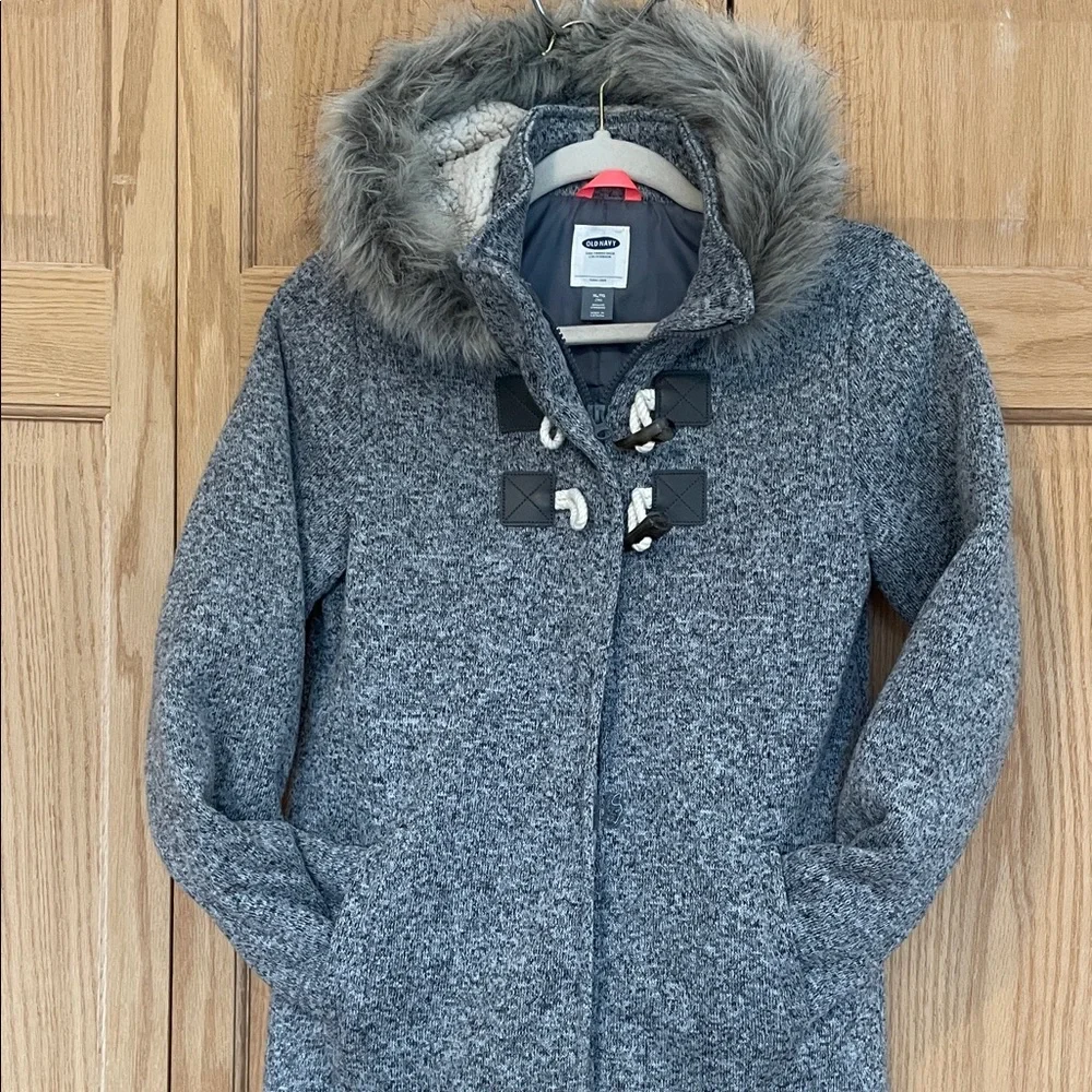 Old Navy Gray Jacket Girls Hooded Coat Faux Fur Zipper size 14